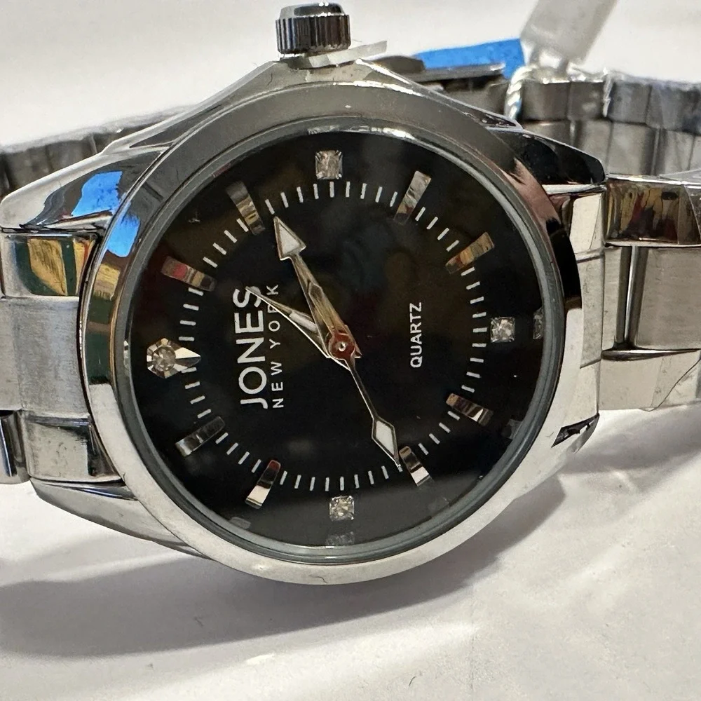 Jones New York JNYW2419L Women's Silver Tone Quartz Watch Black Dial NWT Box